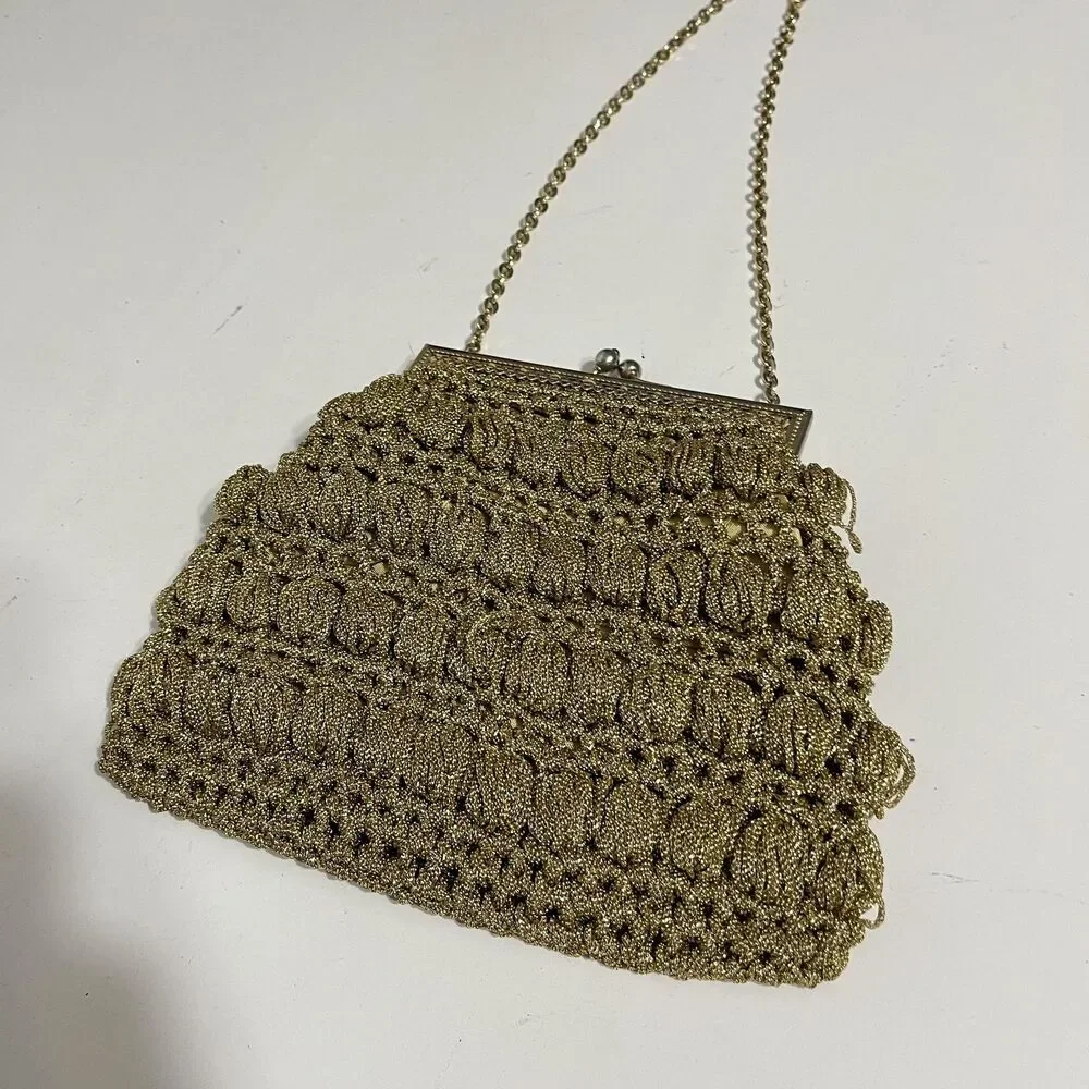 Vintage Delill Shoulder Bag Womens Mini Gold Metallic Crochet Evening Italy